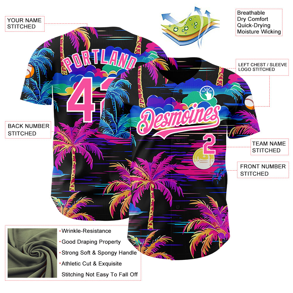 Custom Black Pink-White 3D Pattern Design Beach Hawaii Palm Trees Authentic Baseball Jersey