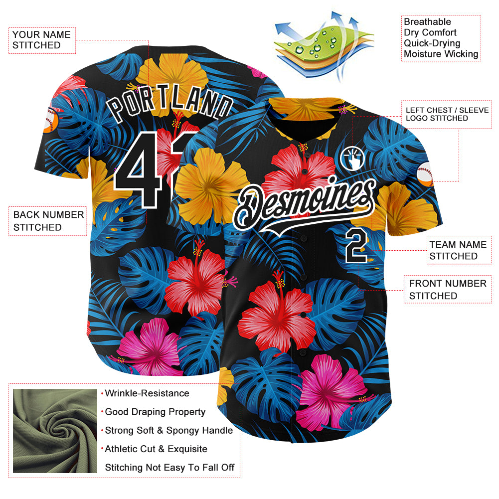Custom Black White 3D Pattern Design Tropical Flower And Hawaii Palm Leaves Authentic Baseball Jersey