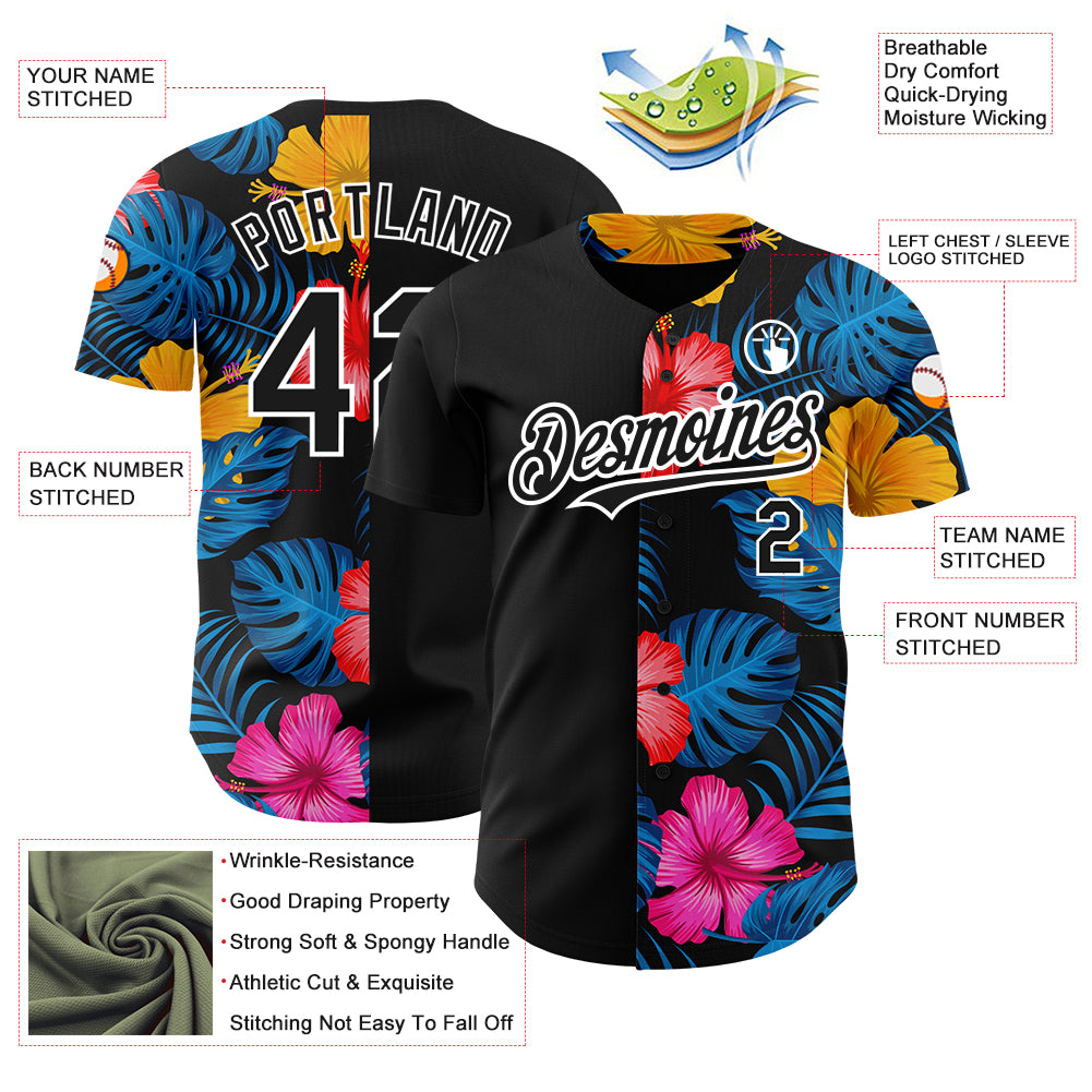 Custom Black White 3D Pattern Design Tropical Flower And Hawaii Palm Leaves Authentic Baseball Jersey