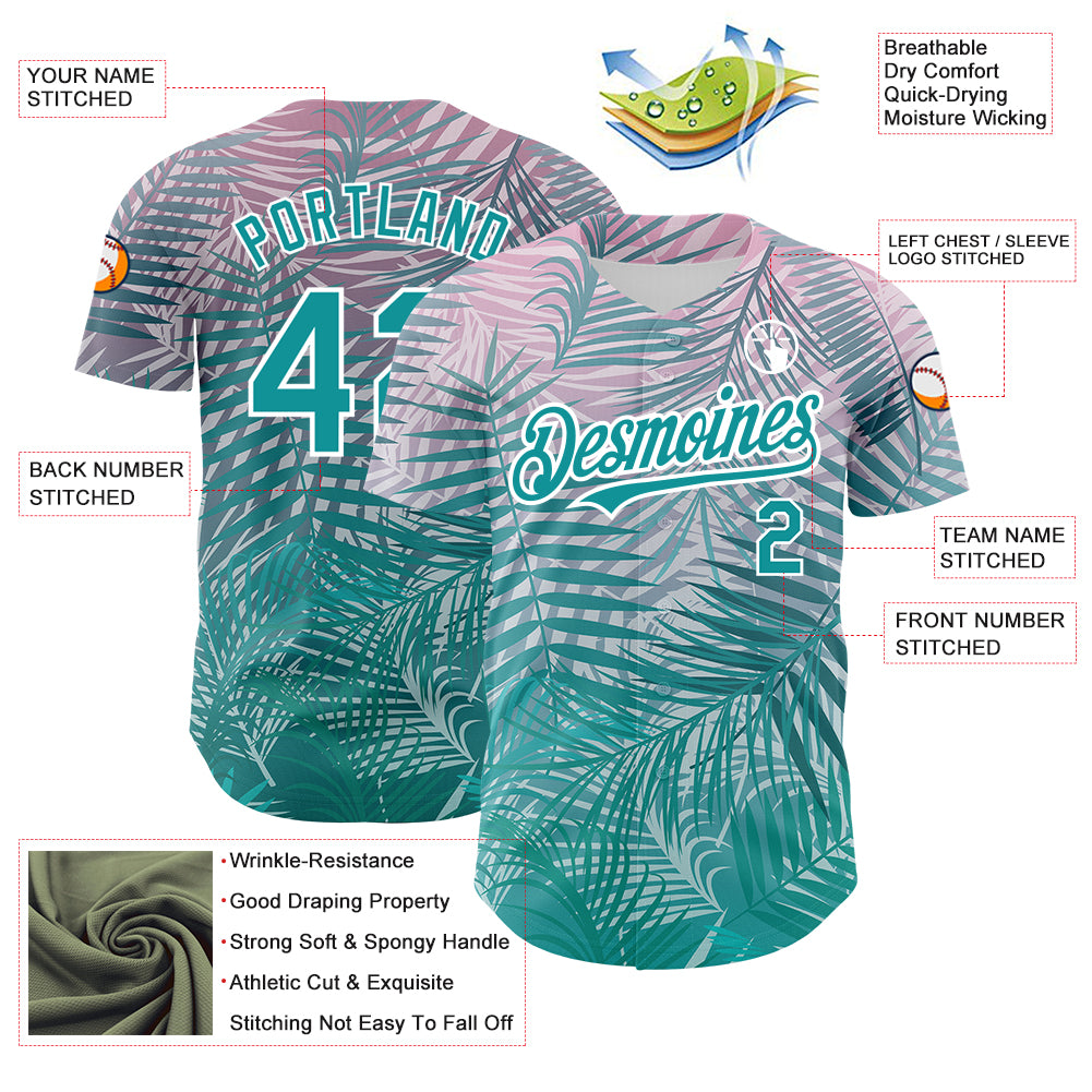 Custom Teal White 3D Pattern Design Tropical Hawaii Palm Leaves Authentic Baseball Jersey