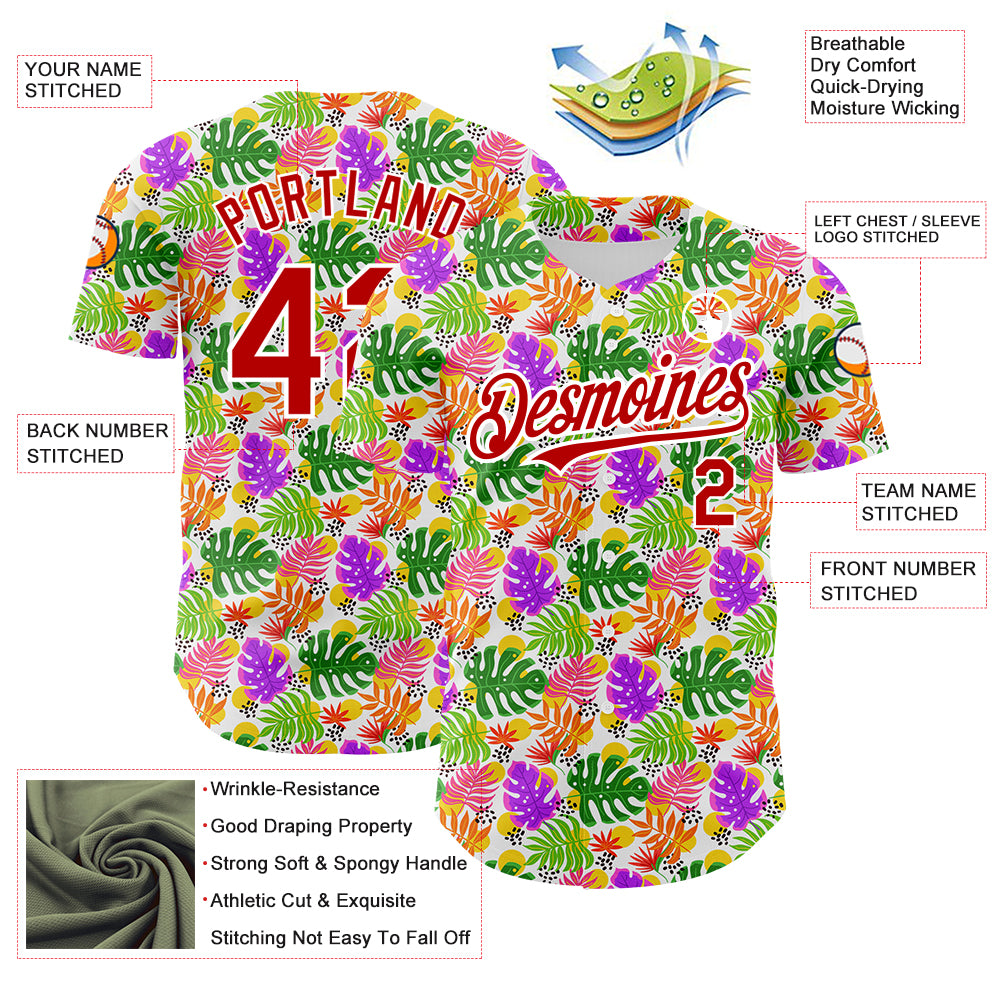 Custom White Red 3D Pattern Design Tropical Hawaii Palm Leaves Authentic Baseball Jersey