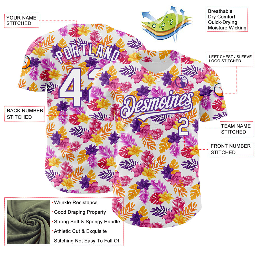 Custom White Purple 3D Pattern Design Tropical Flower And Hawaii Palm Leaves Authentic Baseball Jersey