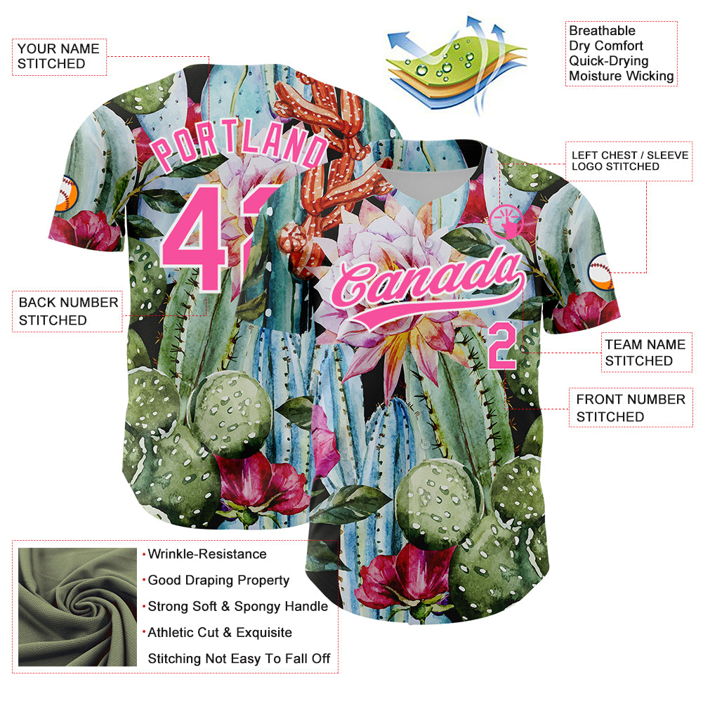 Custom Green Pink-White 3D Pattern Design Cactus Festival Authentic Baseball Jersey