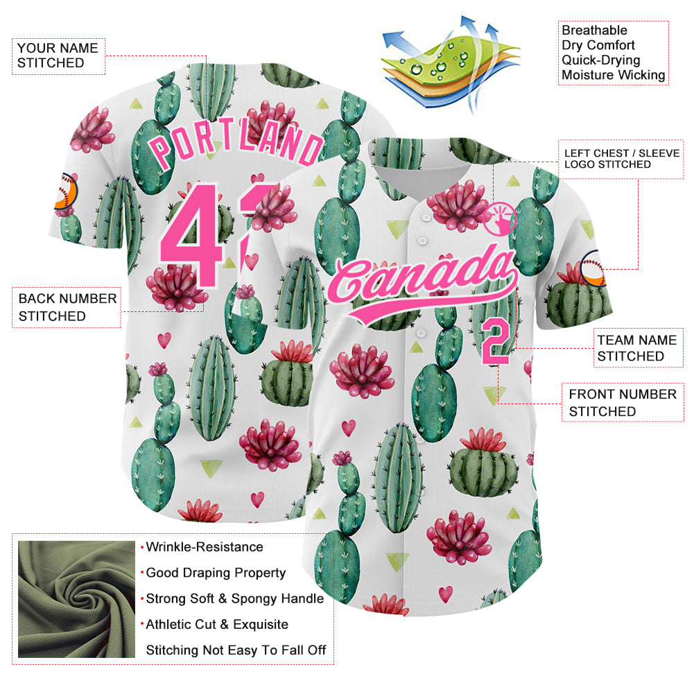 Custom White Pink 3D Pattern Design Cactus Festival Authentic Baseball Jersey