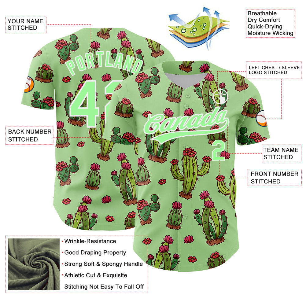 Custom Green Pea Green-White 3D Pattern Design Cactus Festival Authentic Baseball Jersey