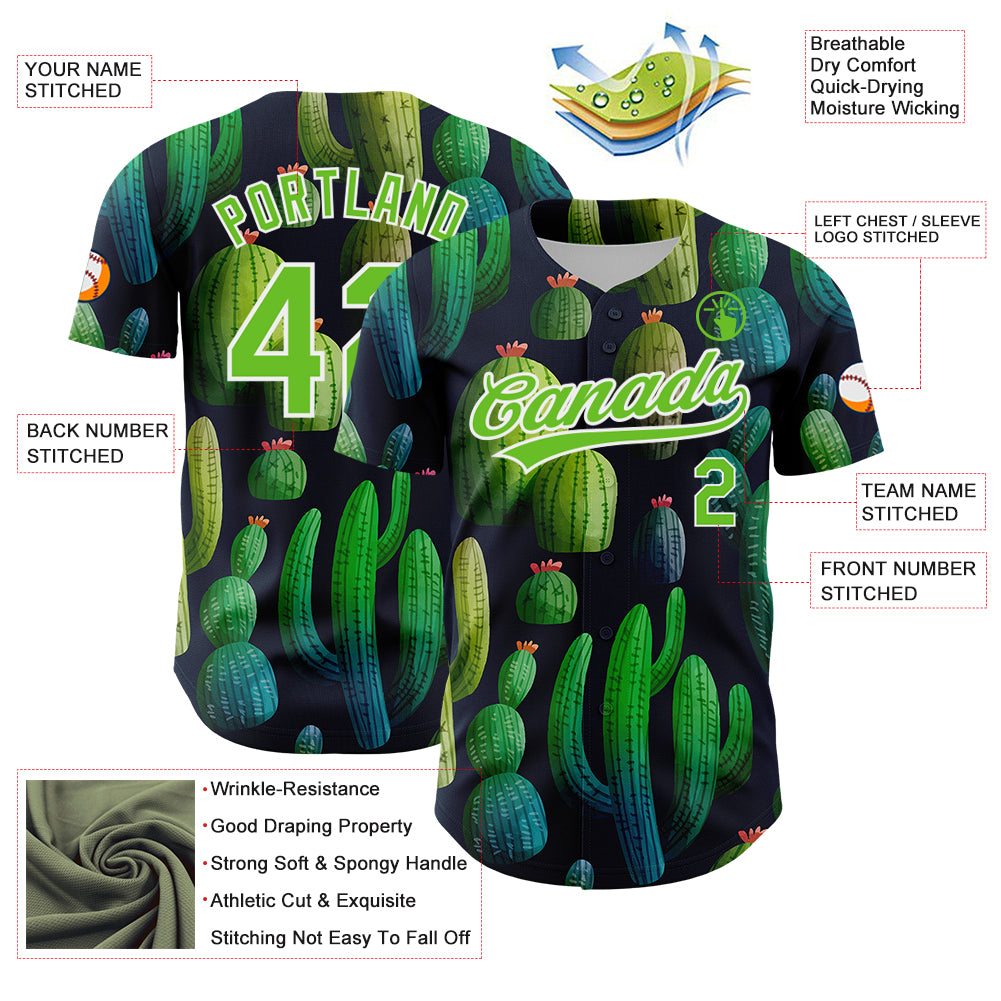 Custom Navy Aurora Green-White 3D Pattern Design Cactus Festival Authentic Baseball Jersey
