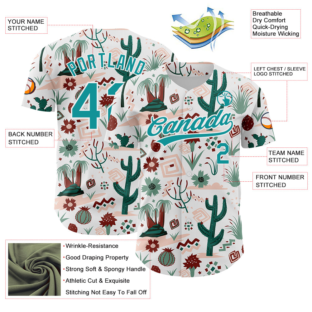 Custom White Teal 3D Pattern Design Cactus Festival Authentic Baseball Jersey