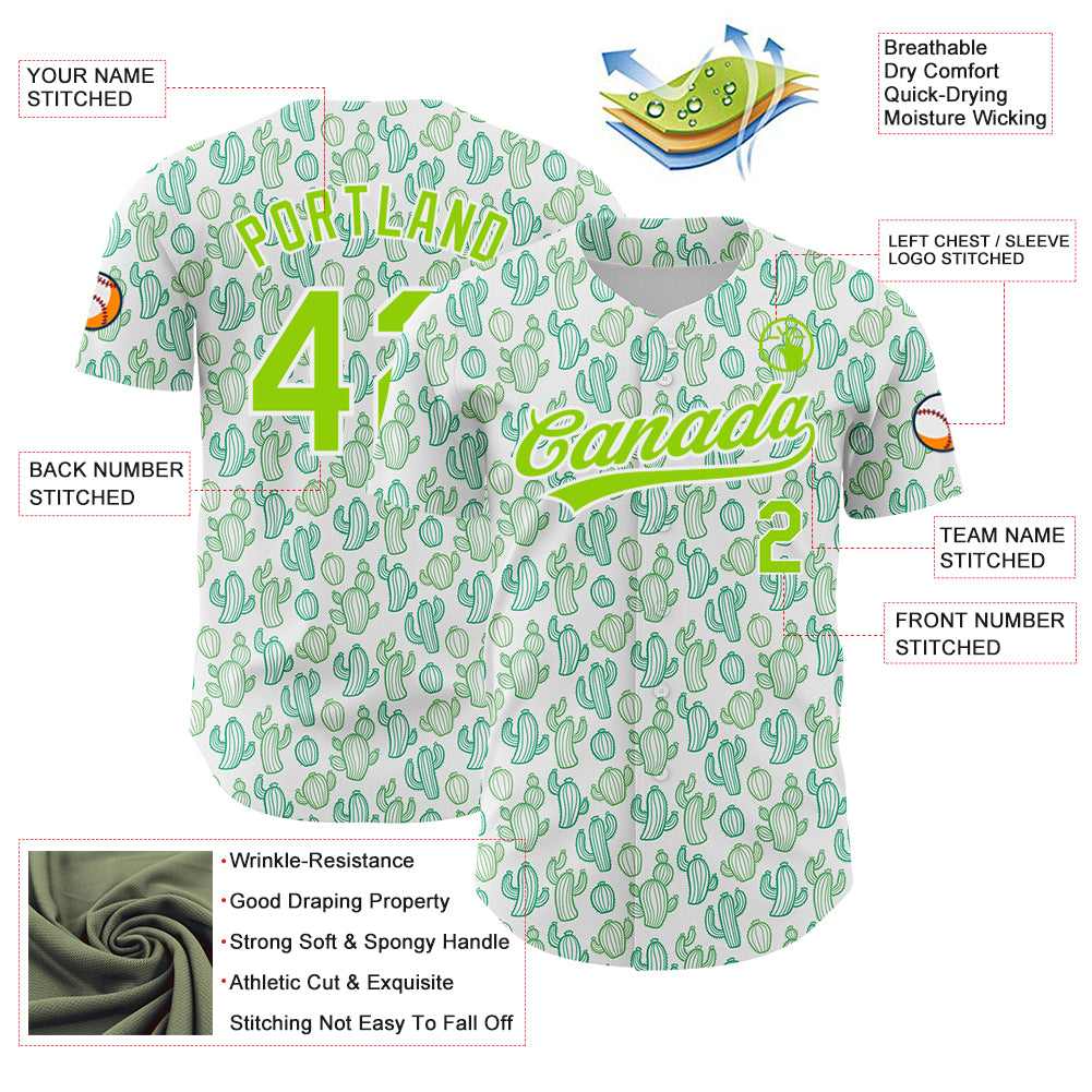 Custom White Neon Green 3D Pattern Design Cactus Festival Authentic Baseball Jersey