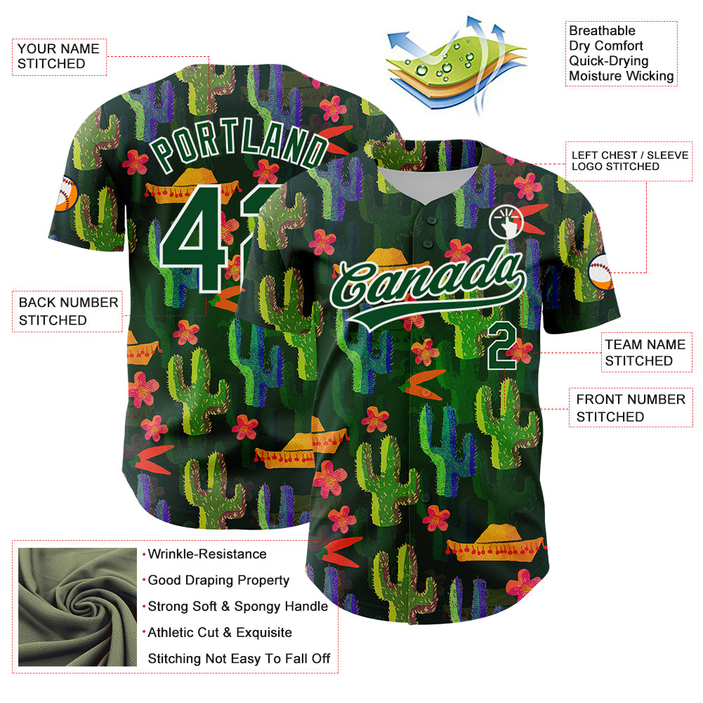 Custom Green White 3D Pattern Design Cactus Festival Authentic Baseball Jersey