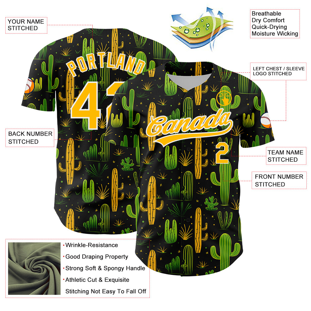 Custom Black Gold-White 3D Pattern Design Cactus Festival Authentic Baseball Jersey