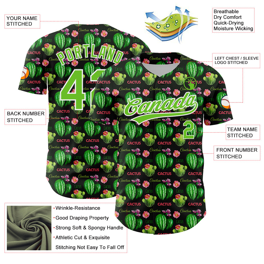 Custom Black Aurora Green-White 3D Pattern Design Cactus Festival Authentic Baseball Jersey
