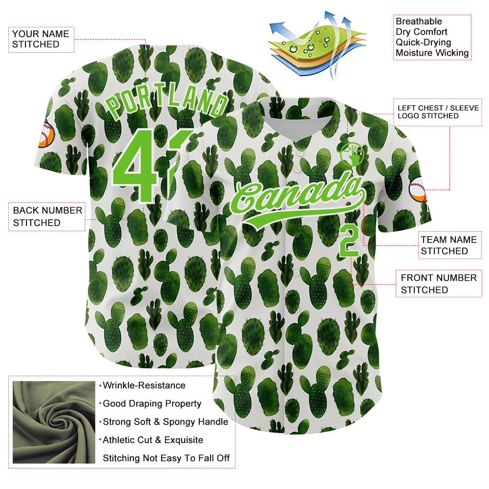 Custom White Aurora Green 3D Pattern Design Cactus Festival Authentic Baseball Jersey
