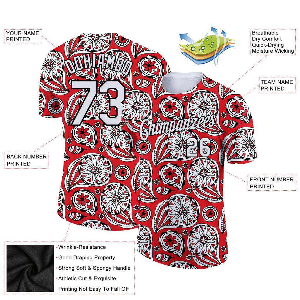 Custom Red White-Black 3D Pattern Floral Design Performance T-Shirt