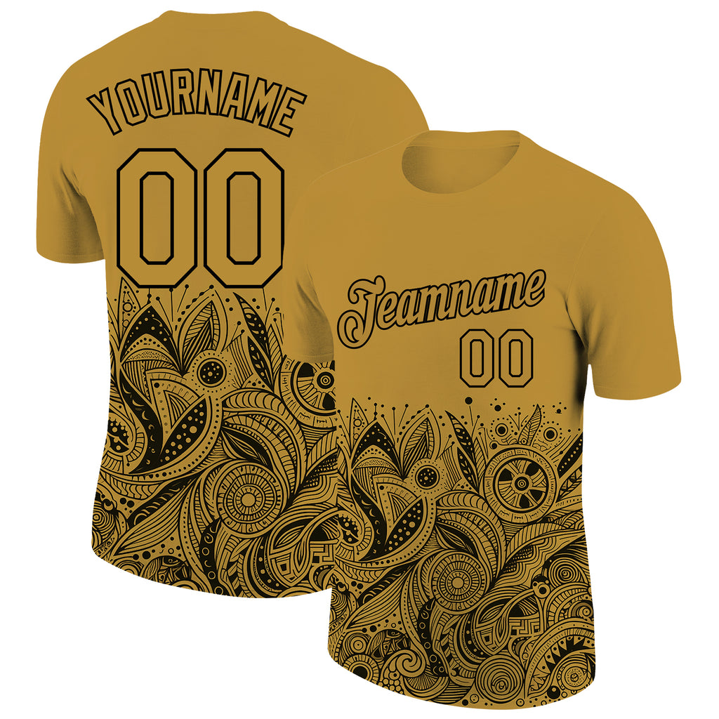 Custom Old Gold Black 3D Pattern Floral Design Performance T-Shirt