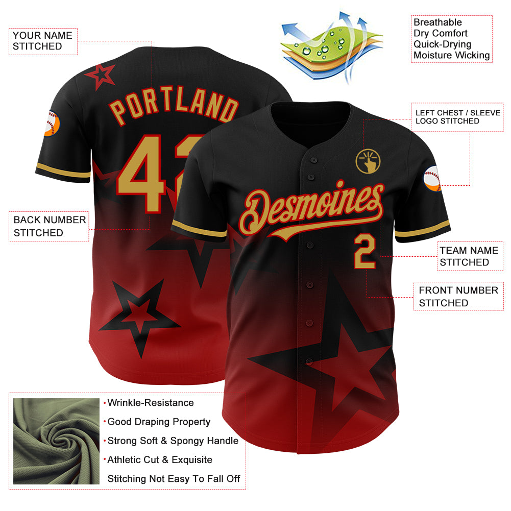 Custom Black Old Gold-Red 3D Pattern Design Gradient Style Twinkle Star Authentic Baseball Jersey