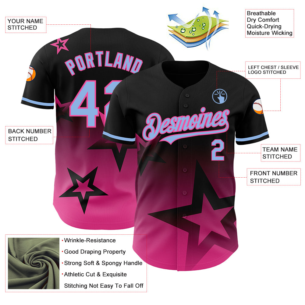 Custom Black Light Blue-Pink 3D Pattern Design Gradient Style Twinkle Star Authentic Baseball Jersey