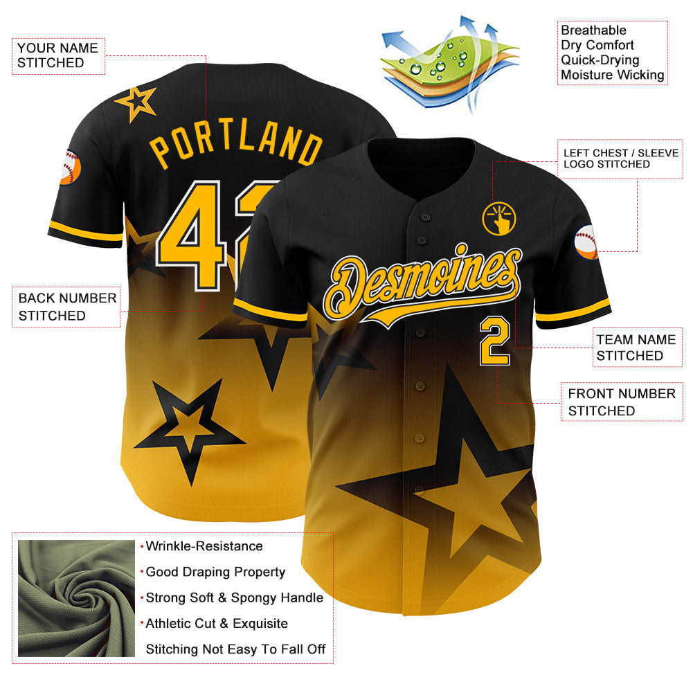 Custom Black Gold-White 3D Pattern Design Gradient Style Twinkle Star Authentic Baseball Jersey