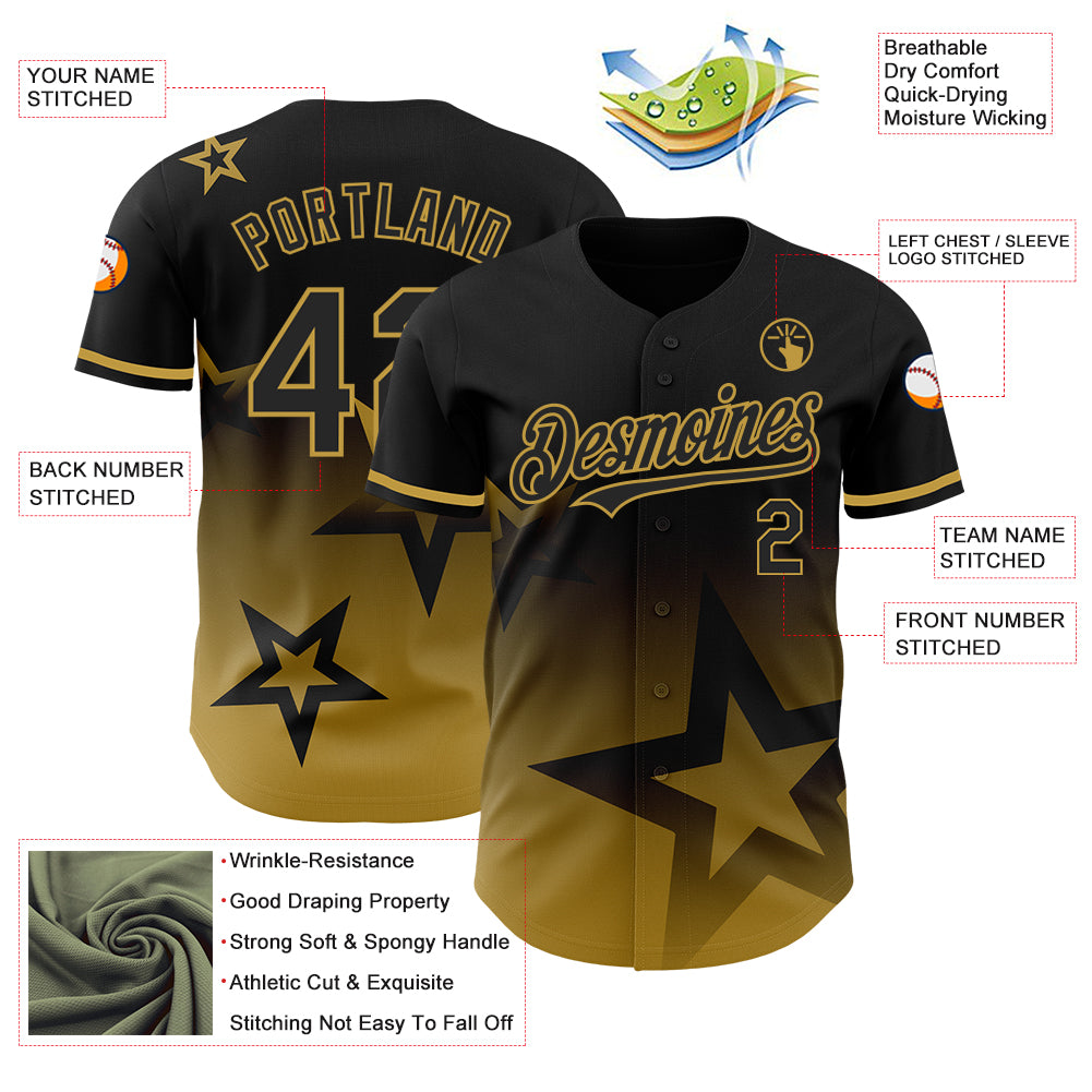 Custom Black Old Gold 3D Pattern Design Gradient Style Twinkle Star Authentic Baseball Jersey