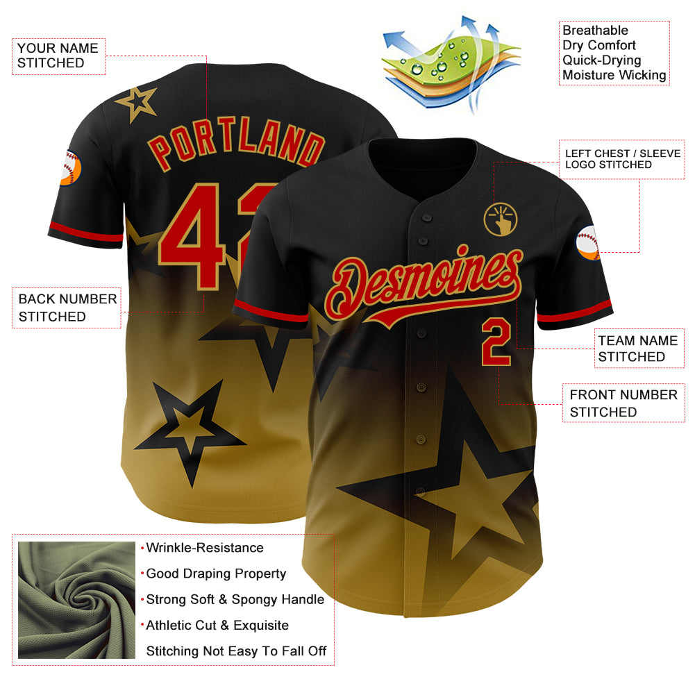 Custom Black Red Old Gold 3D Pattern Design Gradient Style Twinkle Star Authentic Baseball Jersey