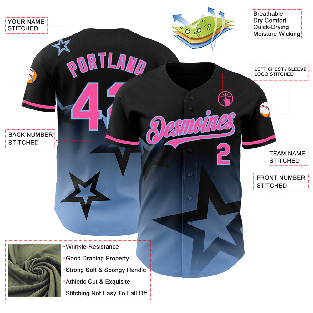 Custom Black Pink-Light Blue 3D Pattern Design Gradient Style Twinkle Star Authentic Baseball Jersey