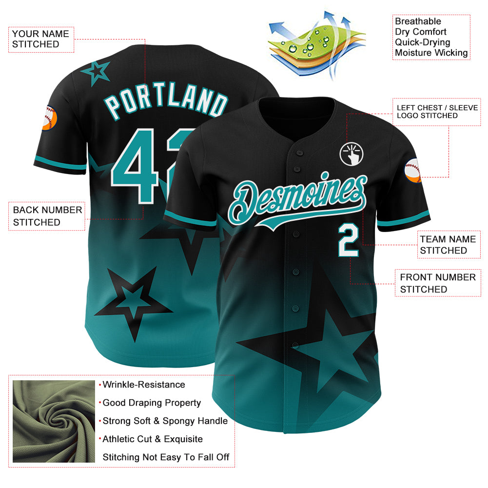 Custom Black Teal-White 3D Pattern Design Gradient Style Twinkle Star Authentic Baseball Jersey