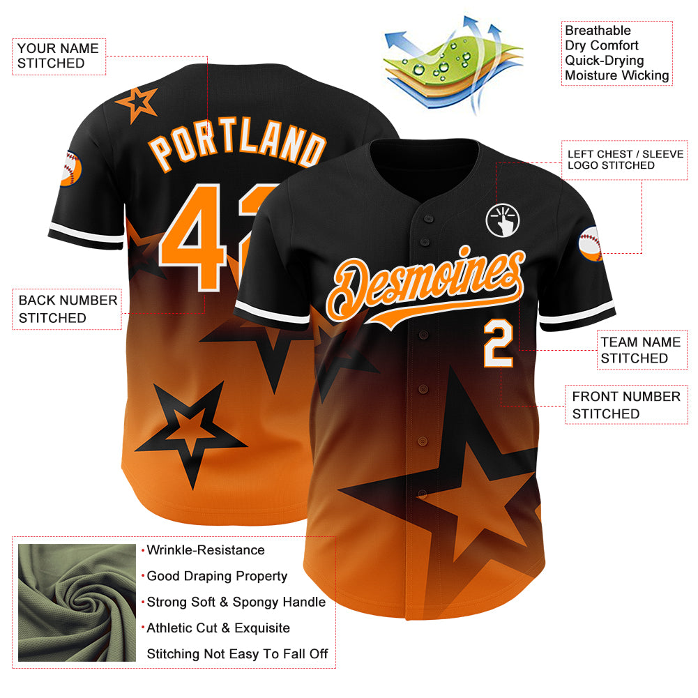 Custom Black Bay Orange-White 3D Pattern Design Gradient Style Twinkle Star Authentic Baseball Jersey