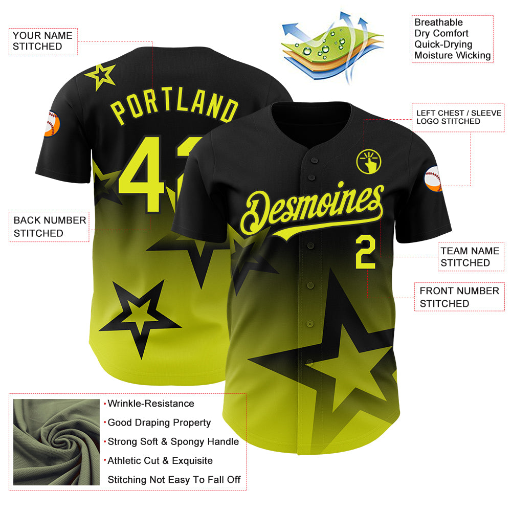 Custom Black Neon Yellow 3D Pattern Design Gradient Style Twinkle Star Authentic Baseball Jersey