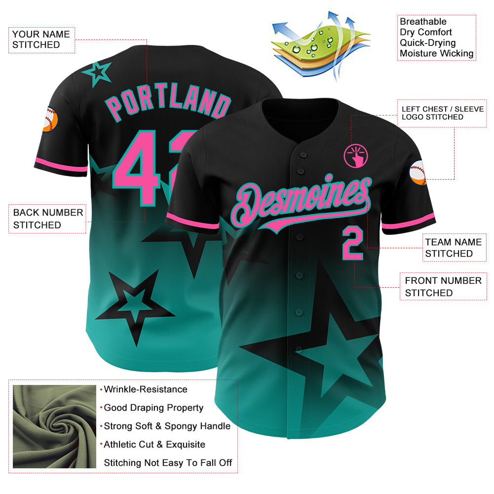 Custom Black Pink-Aqua 3D Pattern Design Gradient Style Twinkle Star Authentic Baseball Jersey