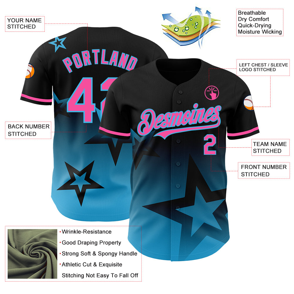 Custom Black Pink-Sky Blue 3D Pattern Design Gradient Style Twinkle Star Authentic Baseball Jersey