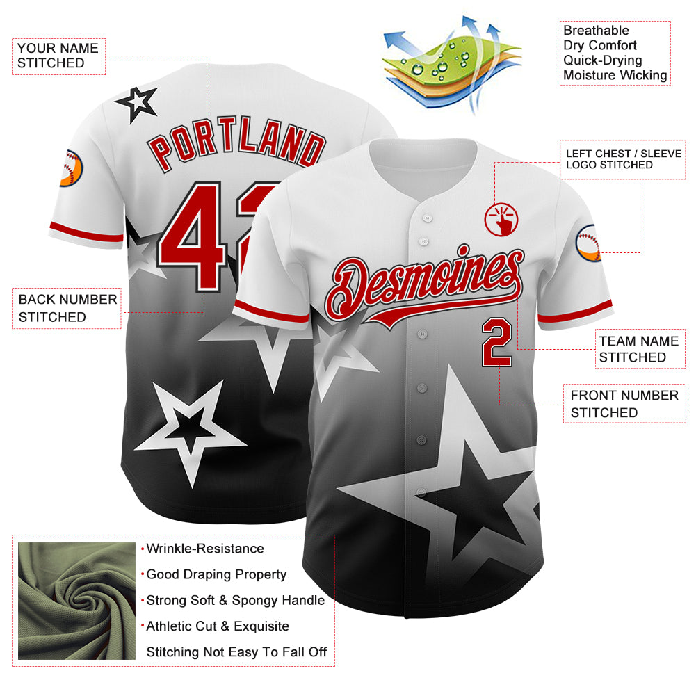 Custom White Red-Black 3D Pattern Design Gradient Style Twinkle Star Authentic Baseball Jersey