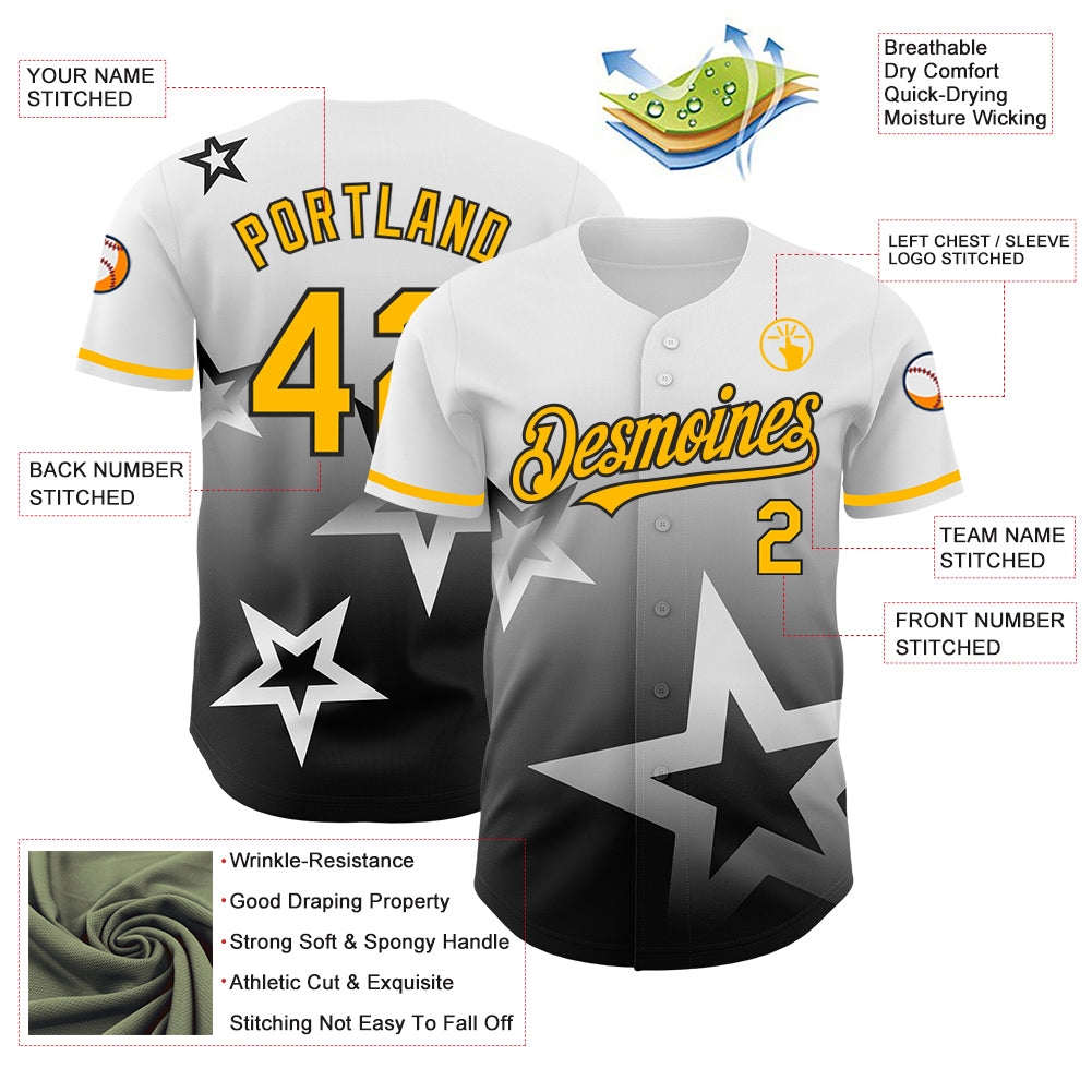 Custom White Gold-Black 3D Pattern Design Gradient Style Twinkle Star Authentic Baseball Jersey