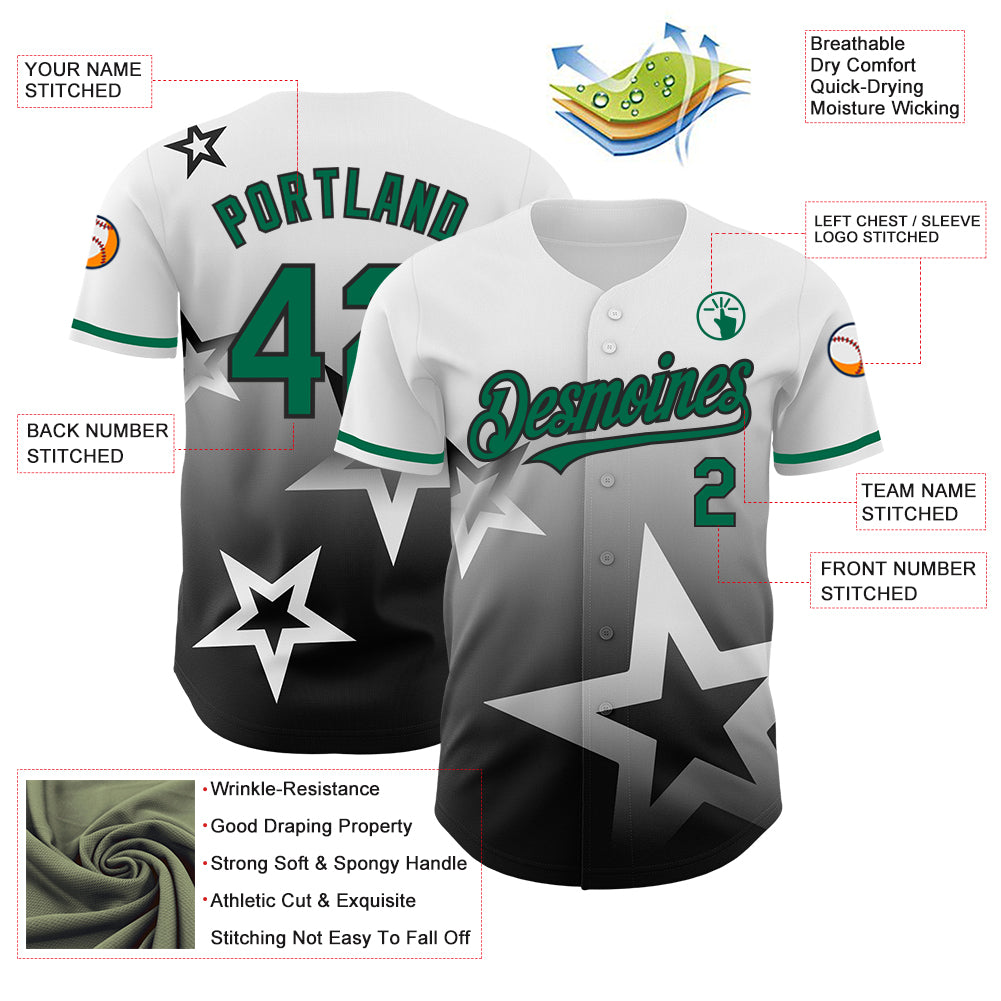 Custom White Kelly Green-Black 3D Pattern Design Gradient Style Twinkle Star Authentic Baseball Jersey