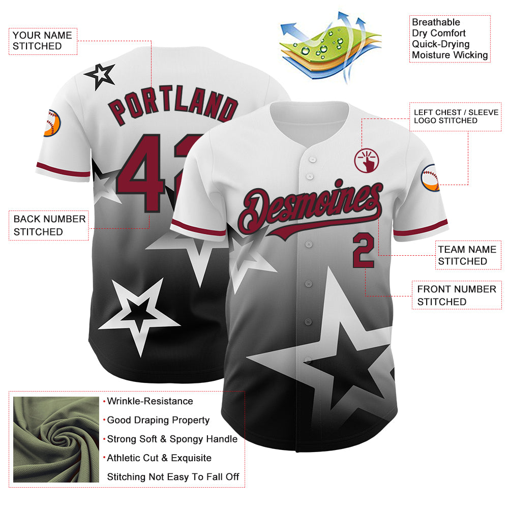 Custom White Crimson-Black 3D Pattern Design Gradient Style Twinkle Star Authentic Baseball Jersey