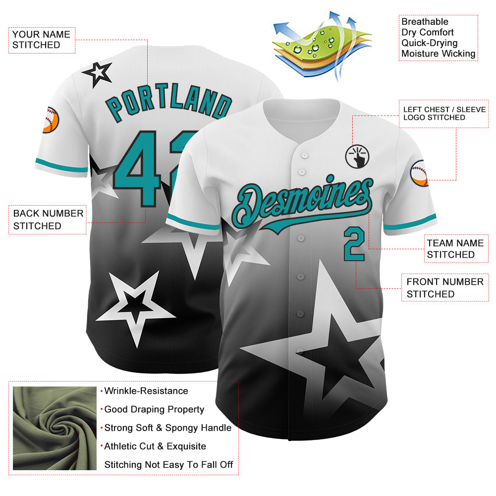 Custom White Teal-Black 3D Pattern Design Gradient Style Twinkle Star Authentic Baseball Jersey