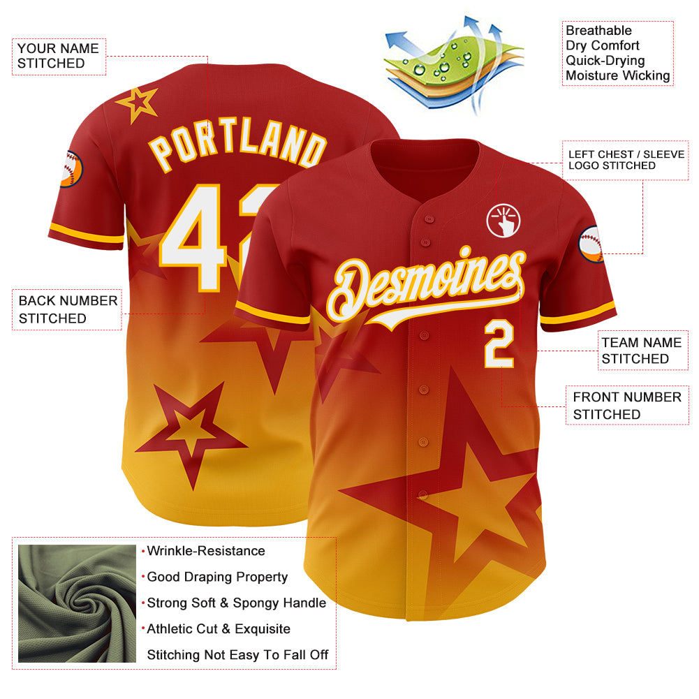 Custom Red White-Gold 3D Pattern Design Gradient Style Twinkle Star Authentic Baseball Jersey