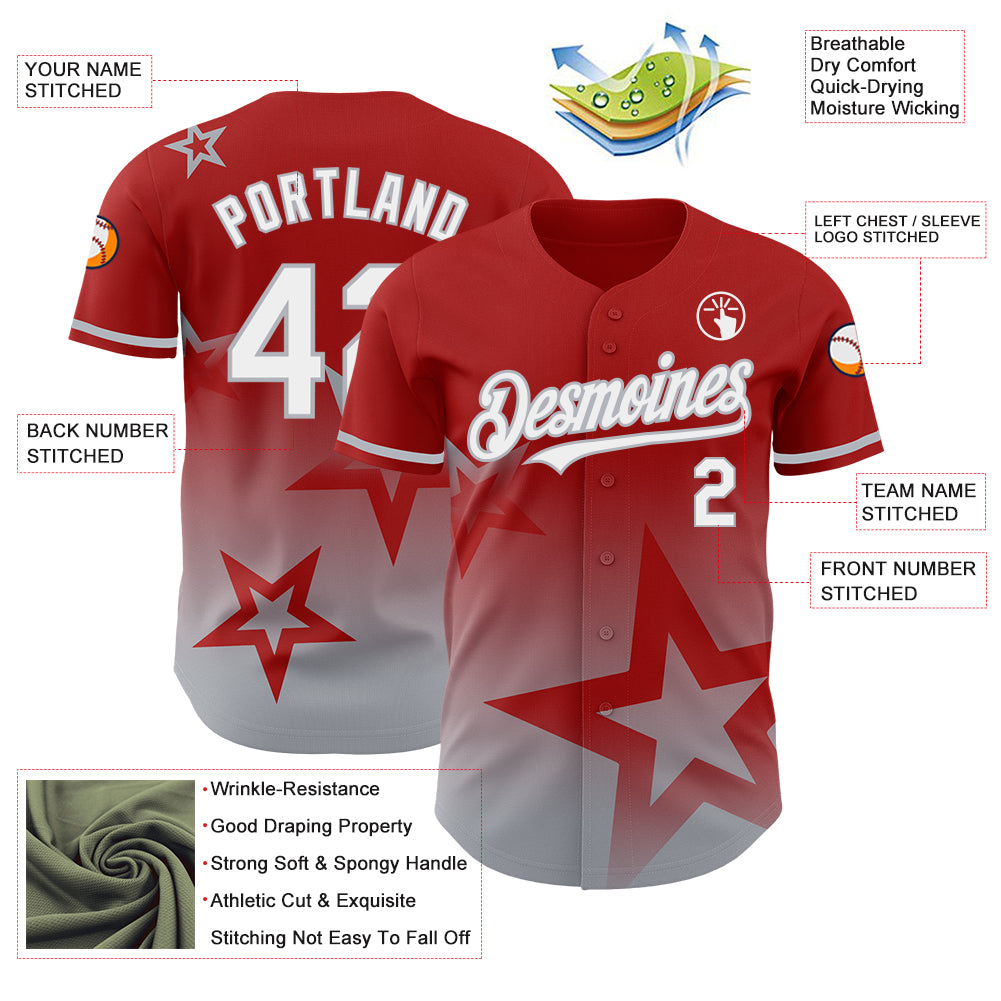 Custom Red White-Gray 3D Pattern Design Gradient Style Twinkle Star Authentic Baseball Jersey