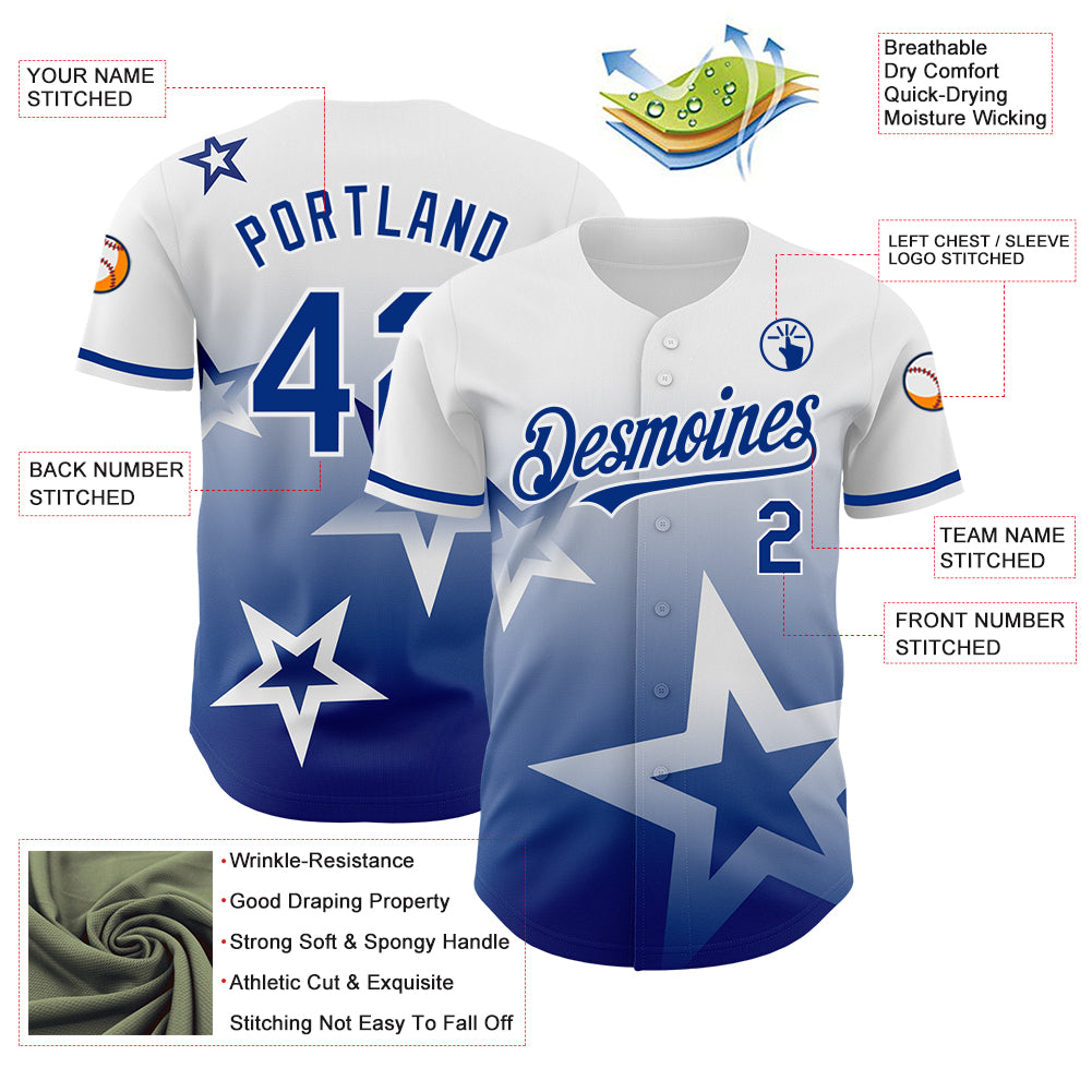 Custom White Royal 3D Pattern Design Gradient Style Twinkle Star Authentic Baseball Jersey