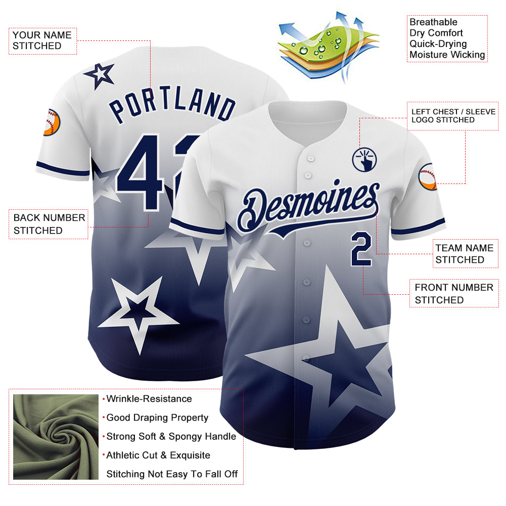 Custom White Navy 3D Pattern Design Gradient Style Twinkle Star Authentic Baseball Jersey