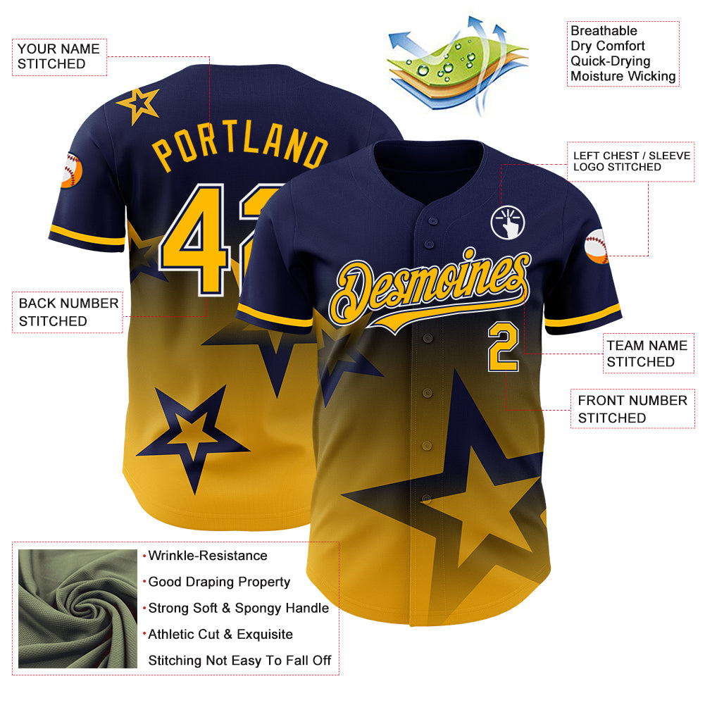 Custom Navy Gold-White 3D Pattern Design Gradient Style Twinkle Star Authentic Baseball Jersey