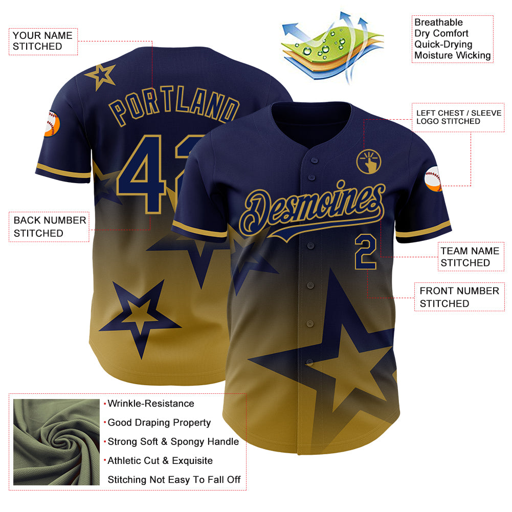 Custom Navy Old Gold 3D Pattern Design Gradient Style Twinkle Star Authentic Baseball Jersey