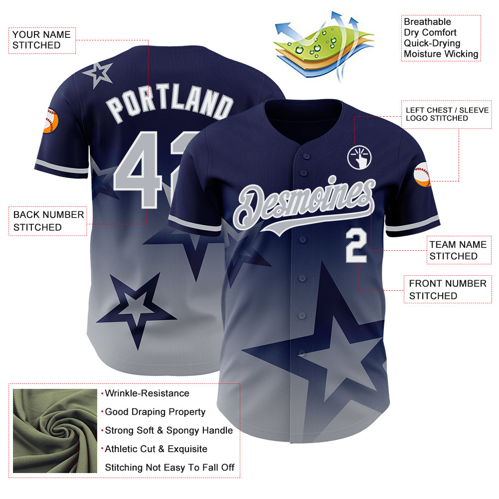 Custom Navy Gray-White 3D Pattern Design Gradient Style Twinkle Star Authentic Baseball Jersey
