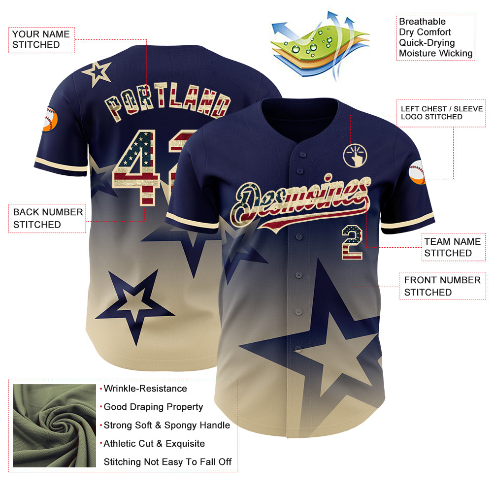 Custom Navy Vintage USA Flag-Cream 3D Pattern Design Gradient Style Twinkle Star Authentic Baseball Jersey