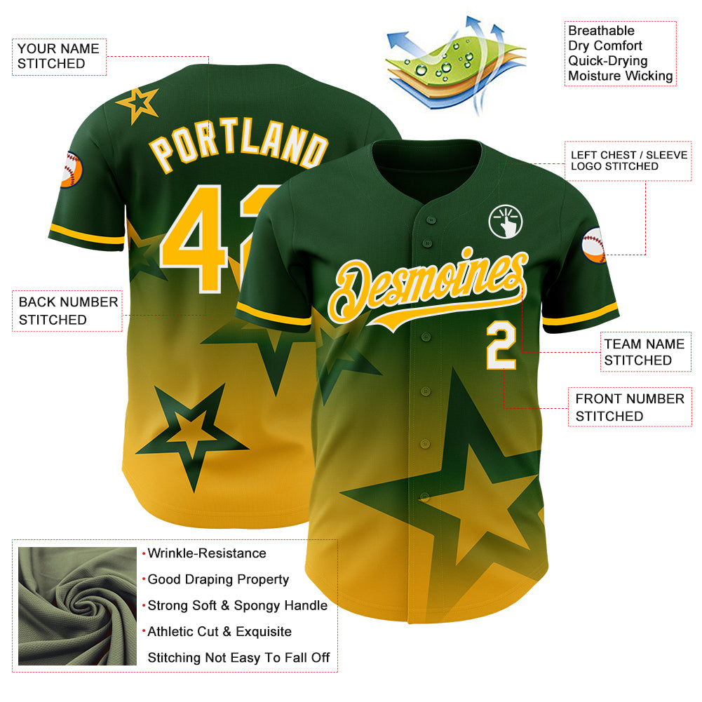 Custom Green Gold-White 3D Pattern Design Gradient Style Twinkle Star Authentic Baseball Jersey