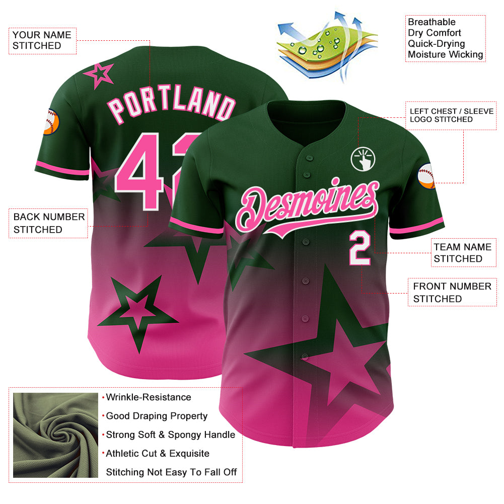 Custom Green Pink-White 3D Pattern Design Gradient Style Twinkle Star Authentic Baseball Jersey