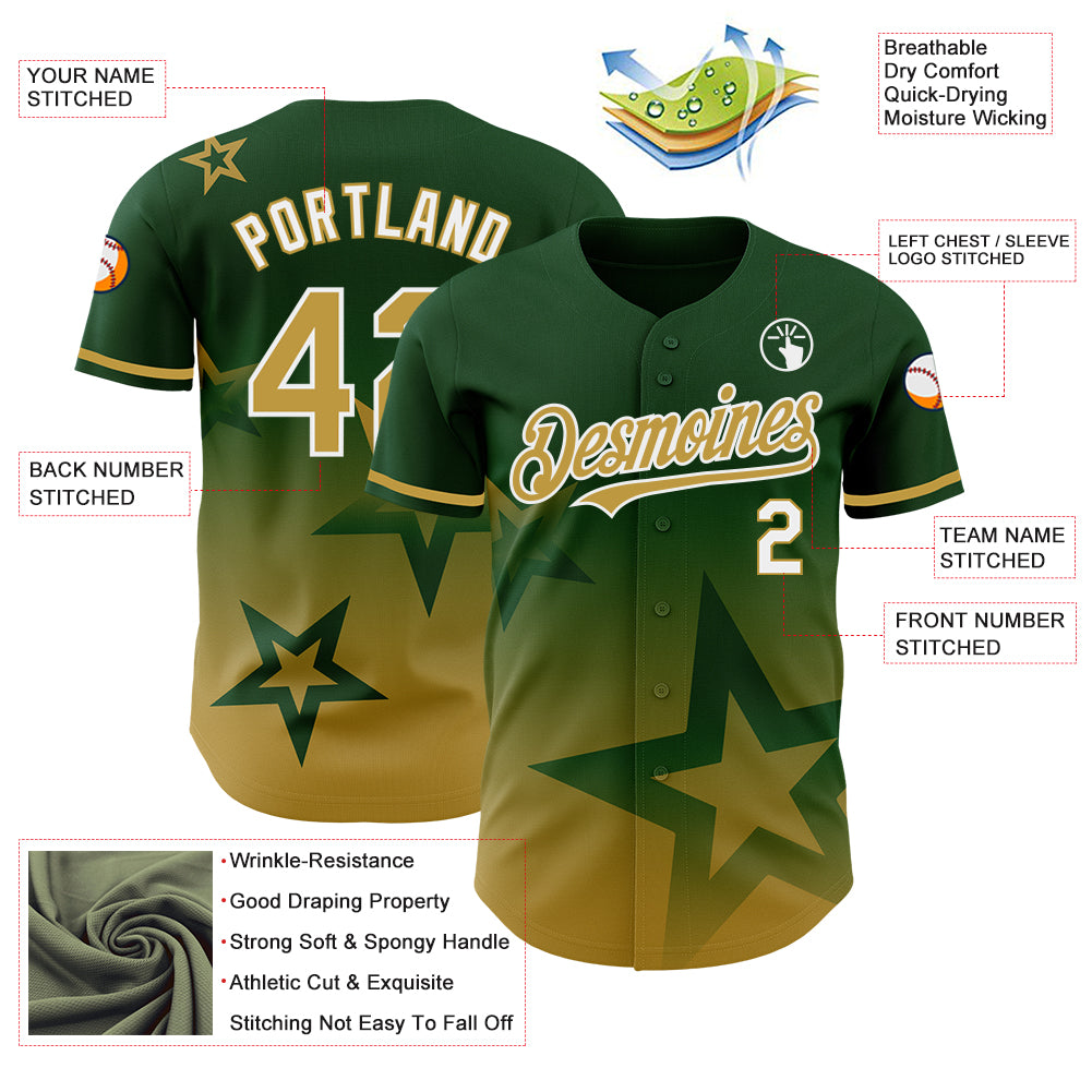 Custom Green Old Gold-White 3D Pattern Design Gradient Style Twinkle Star Authentic Baseball Jersey