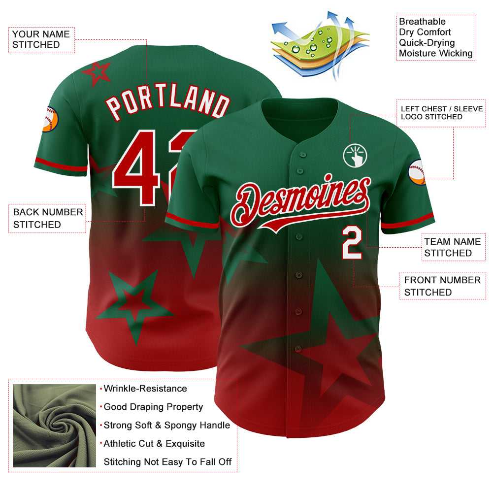Custom Kelly Green Red-White 3D Pattern Design Gradient Style Twinkle Star Authentic Baseball Jersey