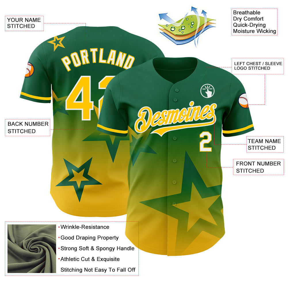 Custom Kelly Green Yellow-White 3D Pattern Design Gradient Style Twinkle Star Authentic Baseball Jersey
