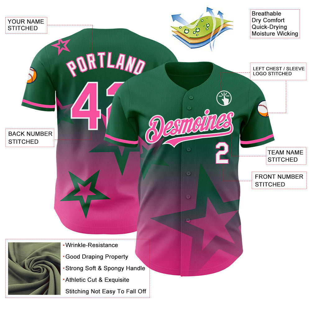Custom Kelly Green Pink-White 3D Pattern Design Gradient Style Twinkle Star Authentic Baseball Jersey
