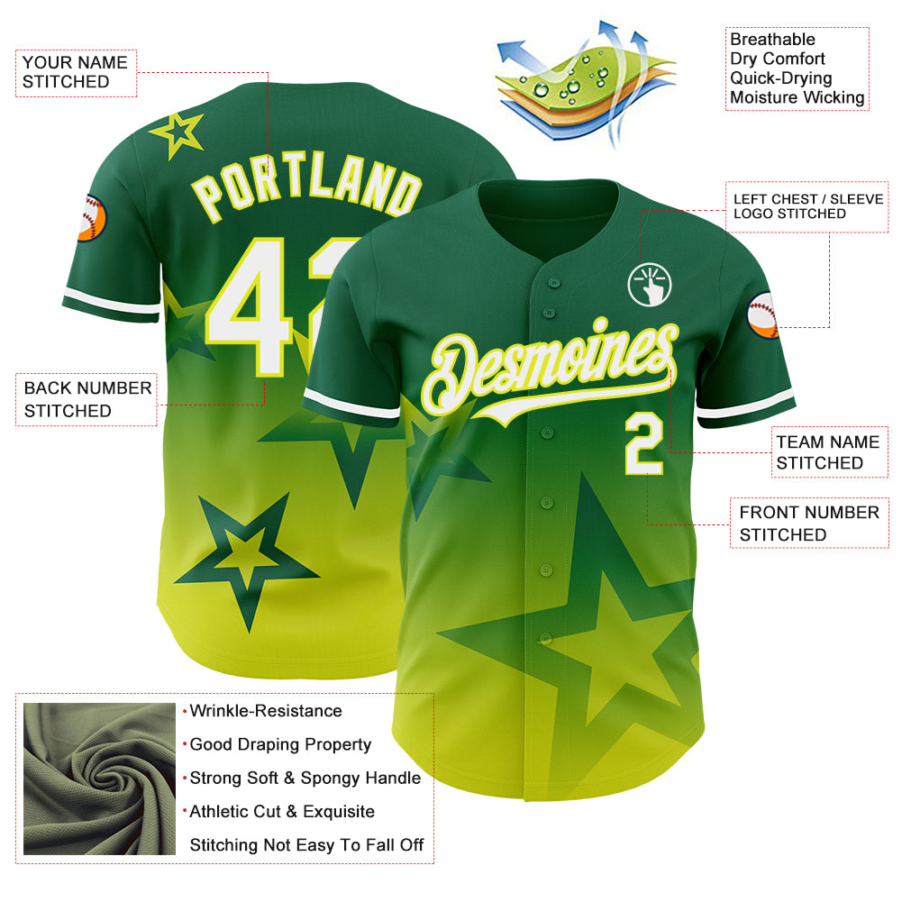 Custom Kelly Green White-Neon Yellow 3D Pattern Design Gradient Style Twinkle Star Authentic Baseball Jersey
