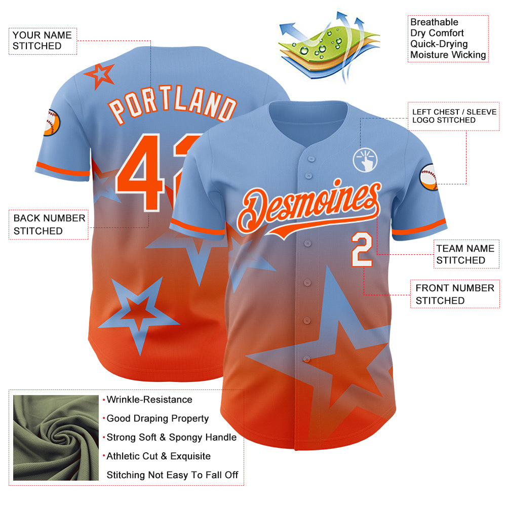 Custom Light Blue Orange-White 3D Pattern Design Gradient Style Twinkle Star Authentic Baseball Jersey